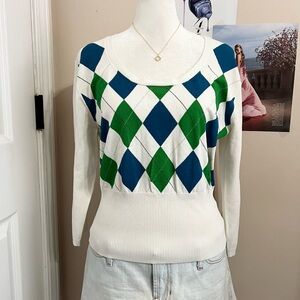 White, Green and Blue Argyle Sweater Top